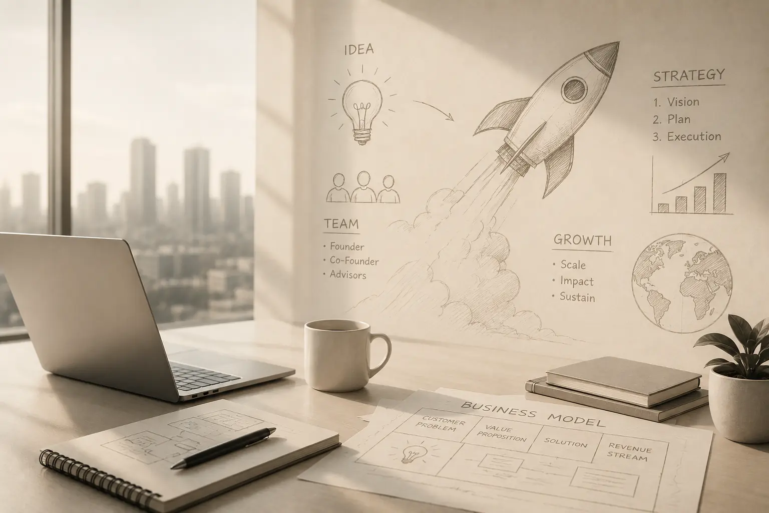 Founder desk with a hand-drawn idea-to-growth strategy sketch